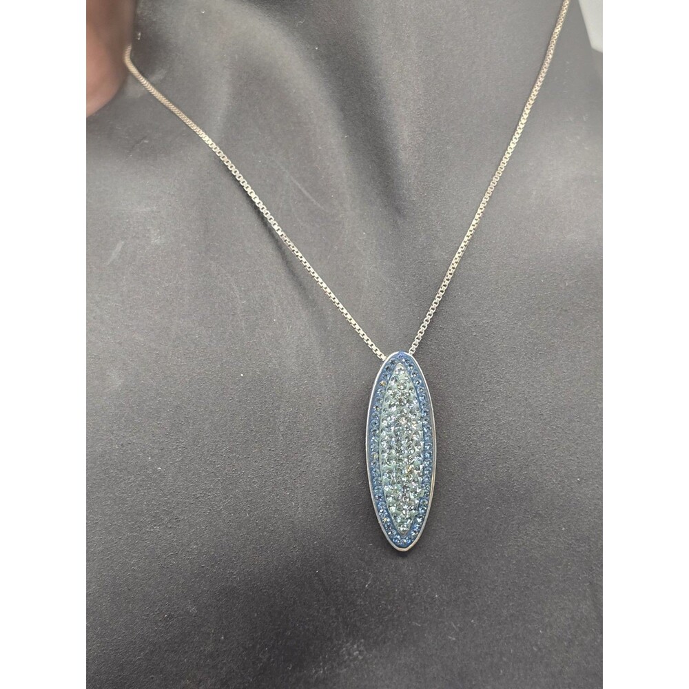 Elegant Paved RHINESRONE Blue and Silver OVAL AU 925 Pendant Necklace